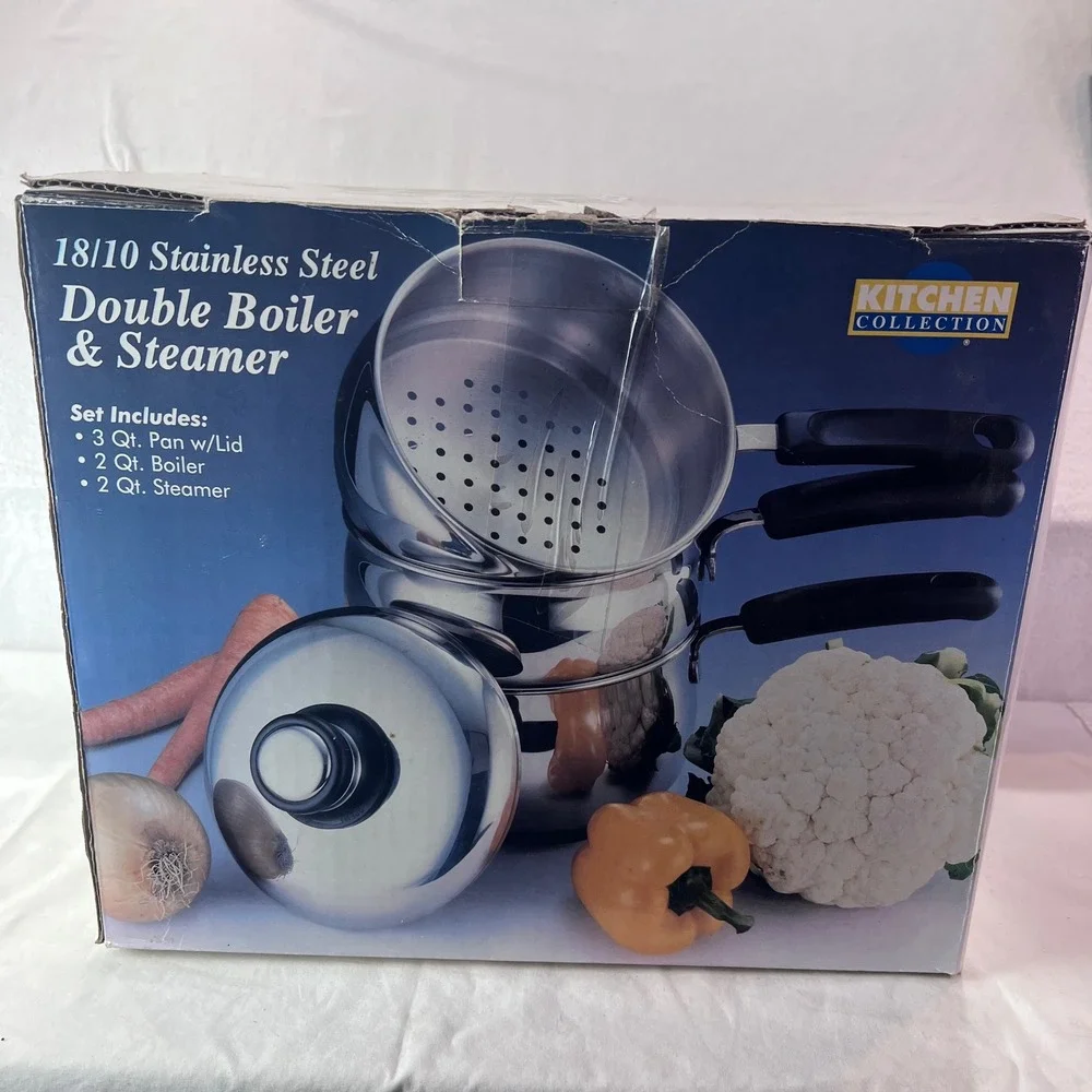 Kitchen Collection 18/10 Stainless Steel Double Boiler Steamer Set 3 Qt 2 Qt Pot